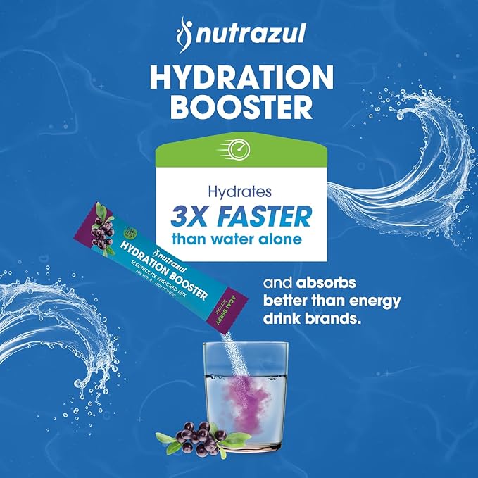 nutrazul Hydration Booster 30 Sticks | Supports Rapid Hydration | Electrolyte Enriched Mix | No Artificial Sweeteners | Acai Berry Flavor | Vegan, Gluten-Free, Non-GMO