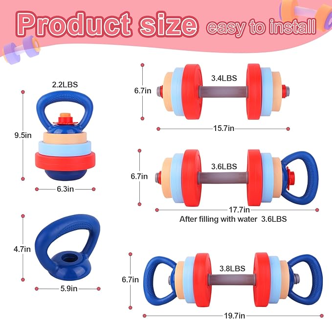Kids Exercise Equipment With 2 Dumbbells and Kettlebell - Adjustable Workout Toy Equipment for Children Pretend Play Exercise - Toddler Beginner Gym & Fitness Family Games for Birthday Gifts