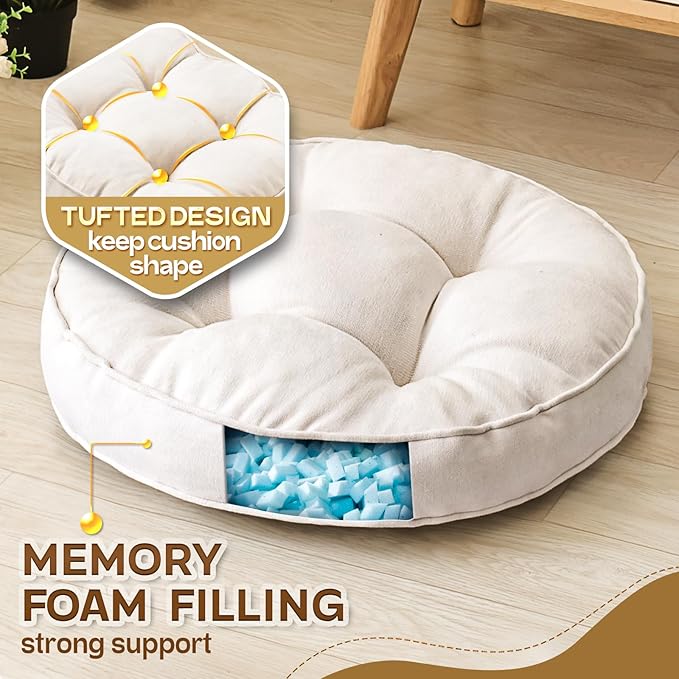 Floor Pillow Set of 2, Memory Foam Floor Cushions for Adults, Large Round Meditation Pillow for Sitting, 22 x 22 Inches (Round | Beige)