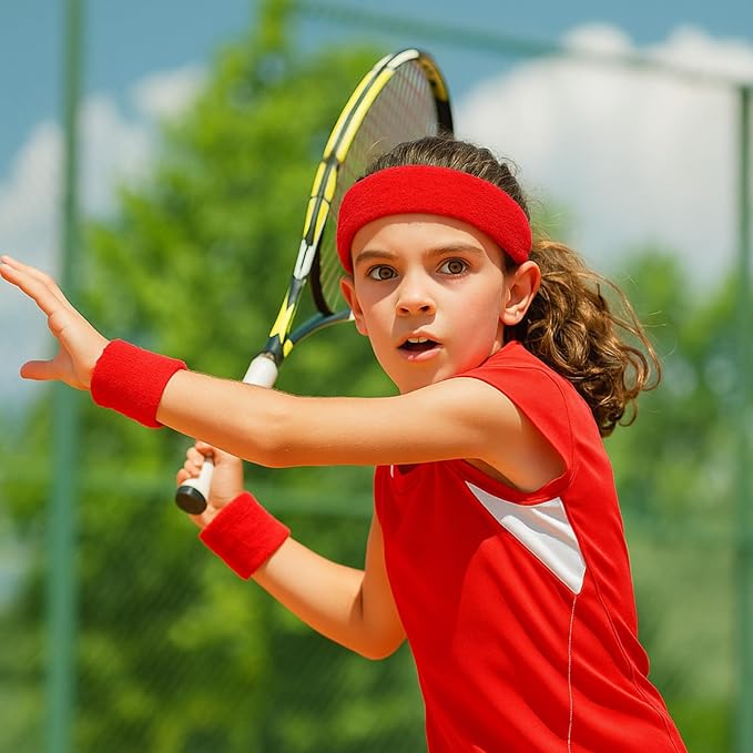 Bememo 36 Pcs Neon Sweatbands Set for Kids Bulk Sports Headband Wristband Set Cotton Terry Basketball Tennis for Students Youth 80s 90s Halloween Costumes Cosplay Glow Party