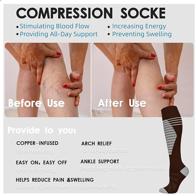 Graduated Compression Socks for Women&Men 20-30mmhg Knee High Socks Travel Hiking Running Stocking