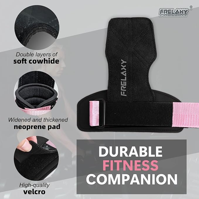 Frelaxy Lifting Wrist Straps Women and Men, Weight Lifting Grips with Cushion Wrist Loop, Double Layer Leather and Storage Pouch, Gym Workout Straps for Deadlift and Powerlifting