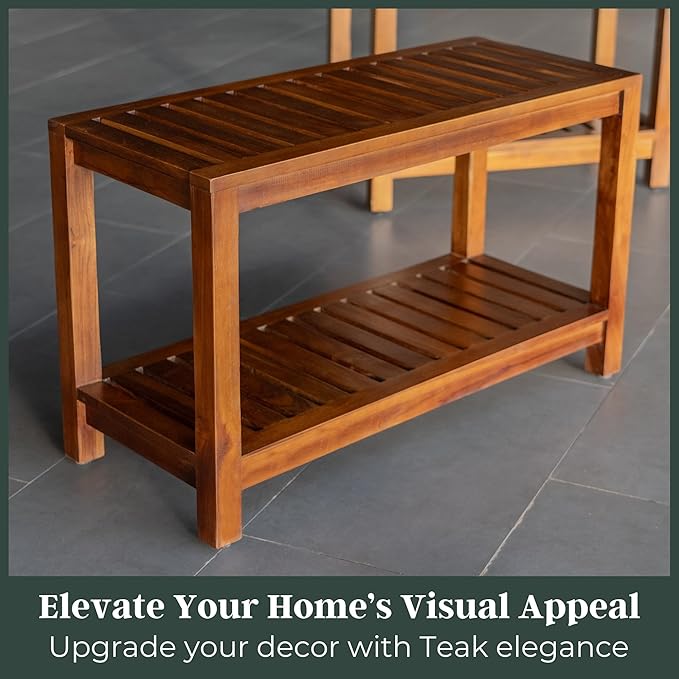 Teak Shower Bench 30 Inch – Fully Assembled Wooden Bench with Shelf, Water-Resistant, Non-Slip Adjustable Feet – Indoor Spa, Garden, or Bathroom Use