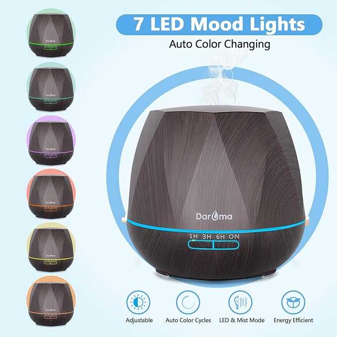 550ml Essential Oil Diffuser, DAROMA Upgraded Remote Control 6 in 1 Aromatherapy Ultrasonic Cool Mist Humidifier, 7 Color Changing Mood Lights & Waterless Auto-Off for Home Office Gift, Dark Wood