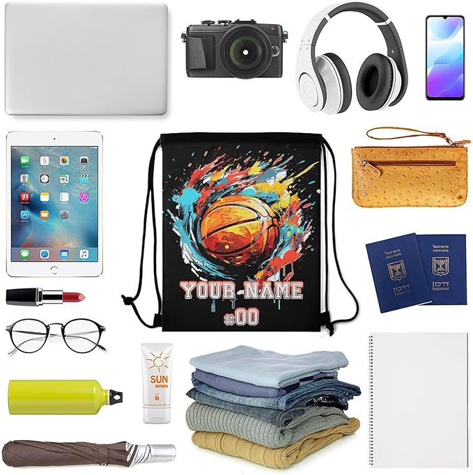 Custom Basketball Drawstring Backpack - Cool Cinch Sack, String Backpacks for Kids Women Men Boys Girls for Gym Outdoor Sports Travel Athletic Drawstring Bag - Lightweight/Foldable