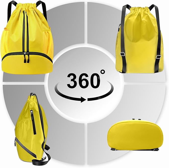 Hoedia Sports Drawstring Backpack - String Swim Gym Bag with Shoes Compartment and Wet Proof Pocket for Women/Men (Yellow)