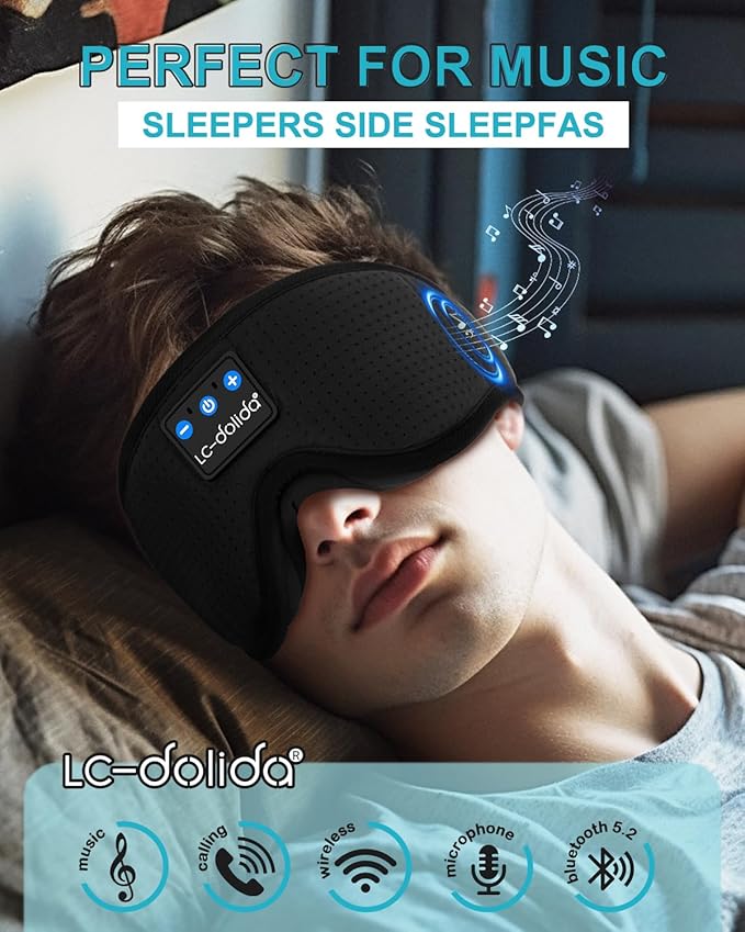 LC-dolida Sleep Headphones, 3D Sleep Mask Bluetooth Wireless, Sleeping Headphones for Side Sleepers Sleep Eye Mask Music Weighted Sleeping Mask Meditation Gifts for Men Women (Black)