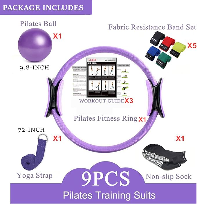 YXILEE Pilates Ring Circle Set - Workout at Home Workout Equipment Women - Booty Bands Stretching Equipment Pilates Mini Exercise Ball for Legs Arms and Thighs