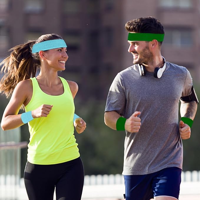 24 Pcs Neon Sweatbands Set Include 8 Pcs Sports Headband and 16 Pcs Cotton Wristbands 80s Neon Sweat Bands Bulk for Gym, Tennis, Basketball, Running, Exercise