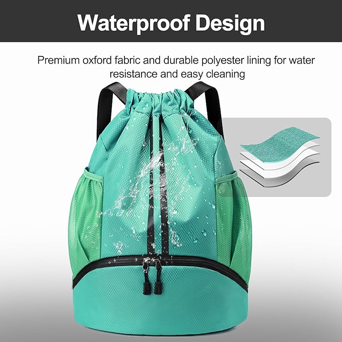 Hoedia Sports Drawstring Backpack - String Swim Gym Bag with Shoes Compartment and Wet Proof Pocket for Women/Men (Mint Green)