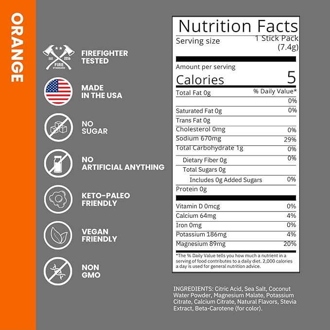 Fire Science Fire Salt Hydration Sticks, Electrolytes & Coconut Water, Hydration Drink Mix with Magnesium, Potassium & Sodium, Zero Sugar, Single Serve On The Go Packs, Orange Flavor, 16 Count