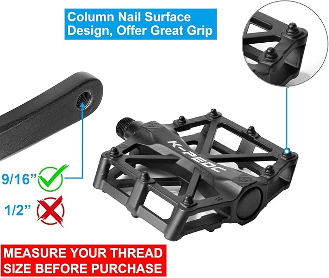 Bike Pedals 9/16 for MTB, Mountain Road Bicycle Flat Pedal, with 16 Anti-Skid Pins -Universal Lightweight Aluminum Alloy Platform Pedal for Travel Cycle-Cross Bikes etc