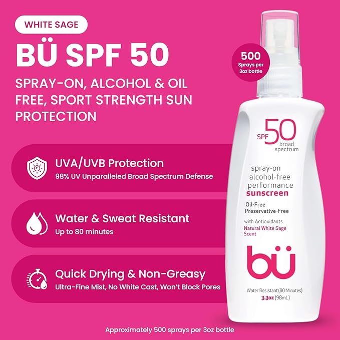 BU Sunscreen SPF 50, Fragrance Free & White Sage, 3.3 oz Sunscreen Spray for Face & Body Duo– Broad Spectrum, Water Resistant