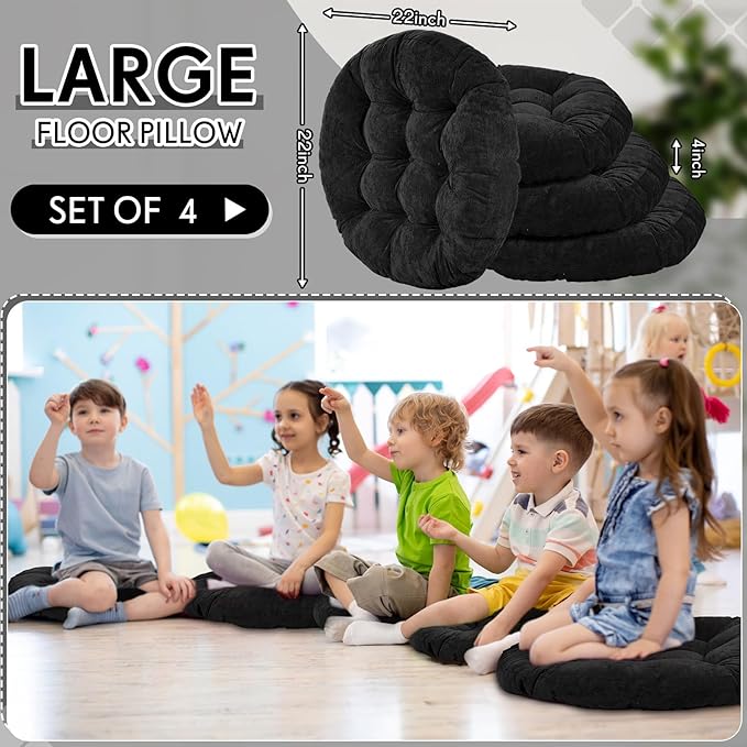 Jerify Floor Pillow Cushions 22 x 22 Inch Round Square Large Meditation Floor Pillow for Classroom Adult Meditation Picnic Party Cushion for Seating Gift Christmas(Round,Black,4 Pcs)