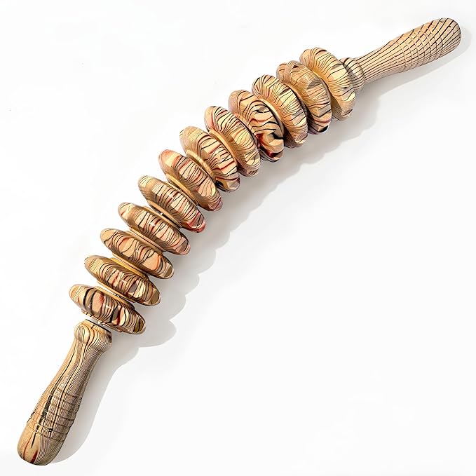 Wooden Curved Handheld Roller Stick Massager - 12 Rollers Wood Therapy Tool for Trigger Point, Fascia & Cellulite Reduction, Lymphatic Drainage, Muscle Tension Relief & Body Shaping (Wood Grain)
