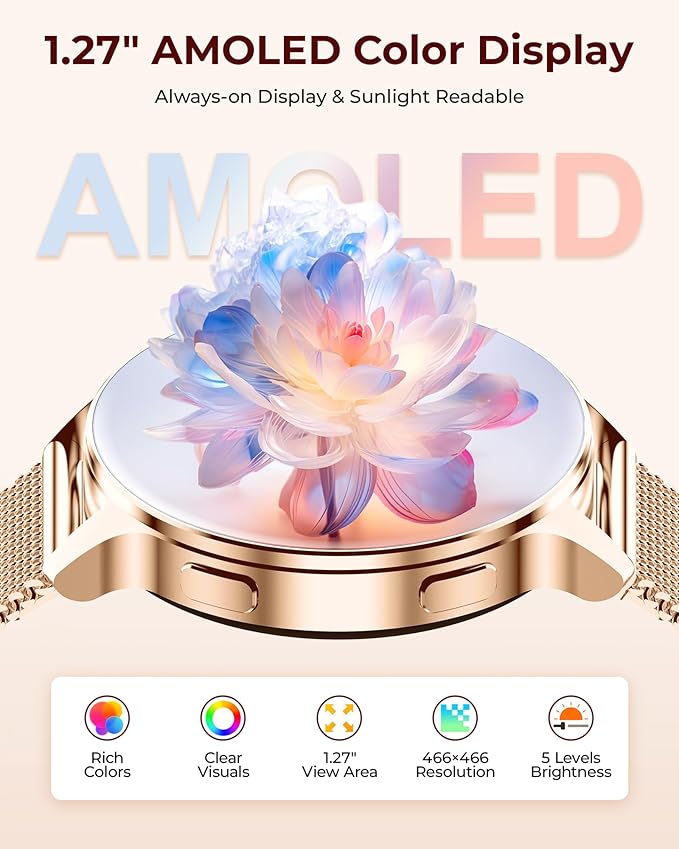 Smart Watches for Women, 1.27″ AMOLED Fitness Tracker with Heart Rate SpO2 Sleep Monitor, 3 Bands, 120+ Sport Modes, Call & Notifications, Smartwatch for Android & iPhone Compatible, 40 mm Rose Gold