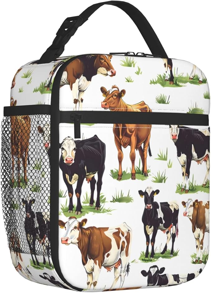 Colorful Cow Lunch Box for Rustic Lovers, Tote Bag with Grass Farm Animal Print, Insulated Lunchbox Gifts, Reusable Cooler Lunchboxes for Office, School, Picnic, Travel, Farmhouse
