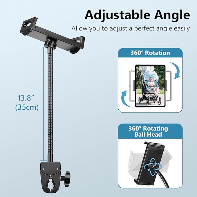 Gooseneck Tablet Holder, iPad Holder for Stroller/Treadmill/Golf Cart/Boat/Mic Stand/Wheelchair/Gym Bicycle Handlebar Clamp, Compatible with 4.7-12.9" Tablets and Phones,Galaxy, E-Readers
