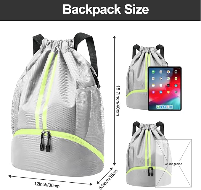 Hoedia Sports Drawstring Backpack - String Swim Gym Bag with Shoes Compartment and Wet Proof Pocket for Women and Men