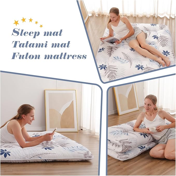 Japanese Floor Mattress, Futon Mattress with Portable Storage Bag and Washable Cover, Roll Up Thick Tatami Mat Suitable for Camping, Guest Room, White Leaf, Twin