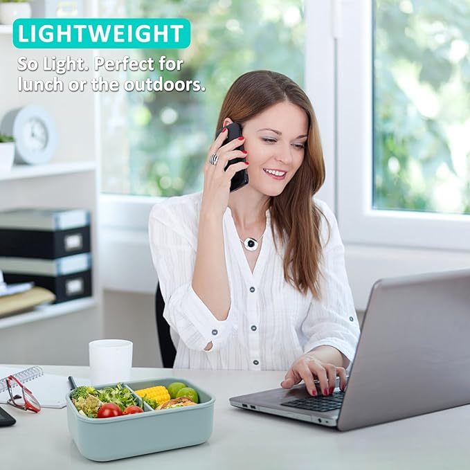 100% Silicone Bento Box Adult with 2 Compartments, 24oz, Reusable Small Divided Lunch Box Meal Prep Containers for Food Snack Storage, BPA-Free Plastic-Free, Microwave Dishwasher safe, Green