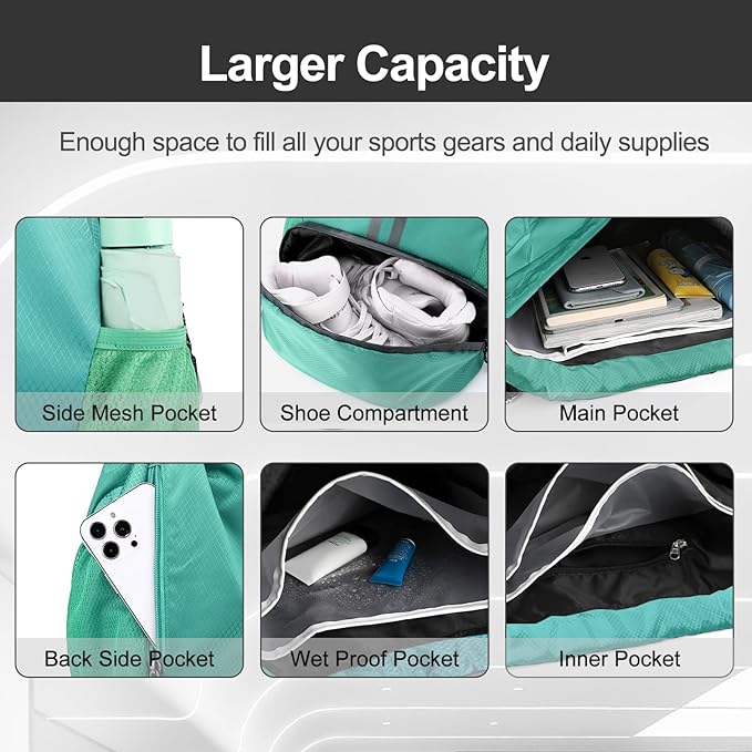 Hoedia Sports Drawstring Backpack - String Swim Gym Bag with Shoes Compartment and Wet Proof Pocket for Women/Men (Mint Green)