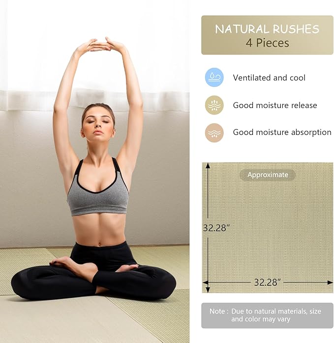 HAGiHARA Japanese Tatami Mat, Patchwork Tatami Floor Mats, 64" x 64" Foldable Square with Non-Slip Design for Bedroom, Crawling and Yoga, Made of Rush Grass, Igusa(Without Edge/4 Picecs)