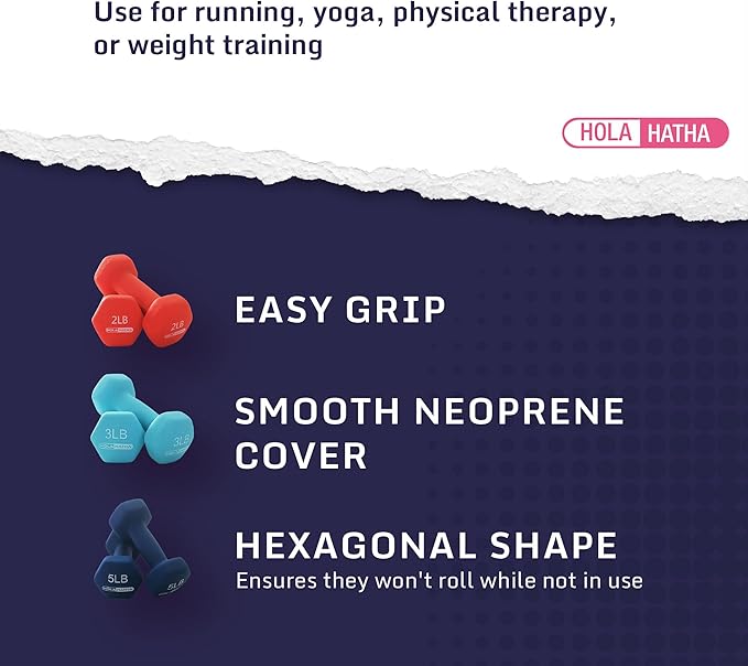 HolaHatha 2, 3, 5, 8, and 10 Pound Neoprene Dumbbell Free Hand Weight Set with Rack, Ideal for Home Exercises to Gain Tone and Definition, Pastel