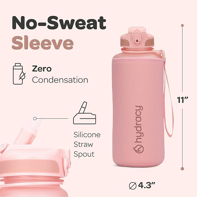 Hydracy Water Bottle with Time Marker -Large BPA Free Water Bottle & No Sweat Sleeve -Leak Proof Gym Bottle with Fruit Infuser Strainer & Times to Drink -Ideal for Fitness Sports & Outdoors