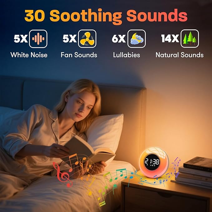 White Noise Sound Machine with 30 Soothing Sounds & 12 Colors Light, Sunrise Alarm Clock Wake Up Light, Adjustable Volume & Night Light, Timer, Ideal for Adults, Kids, Heavy Sleepers