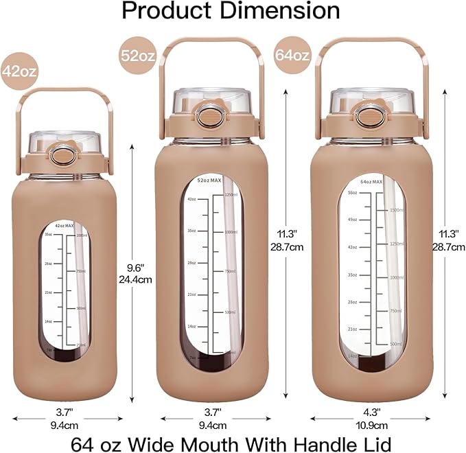 42oz/52oz/64oz Glass Water Bolttles with Straw Half Gallon Large Motivational Water Bottle with Time Marker Sports Water Bottles with Silicone Sleeve and Handle Lid Water Jug for Gym Workout