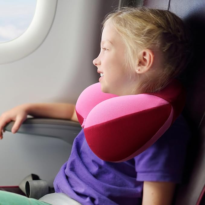 COOLBEBE Kids Travel Neck Pillow 2PCS Softly Double Support Neck Pillow for Car & Airplane, Traveling Gifts for Toddler & Children(Blue & Pink)