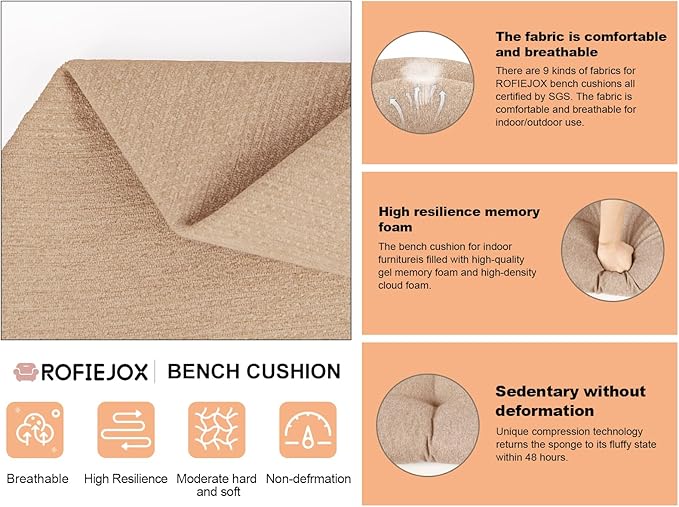 Bench Cushion 48 Inch - Polyester Brushed, High-Density Foam, Non-Slip Bottom, Soft Durable Indoor Tufted Long Seat Cushion for Window Garden Furniture (Light Brown, 48x16x4 Inch)