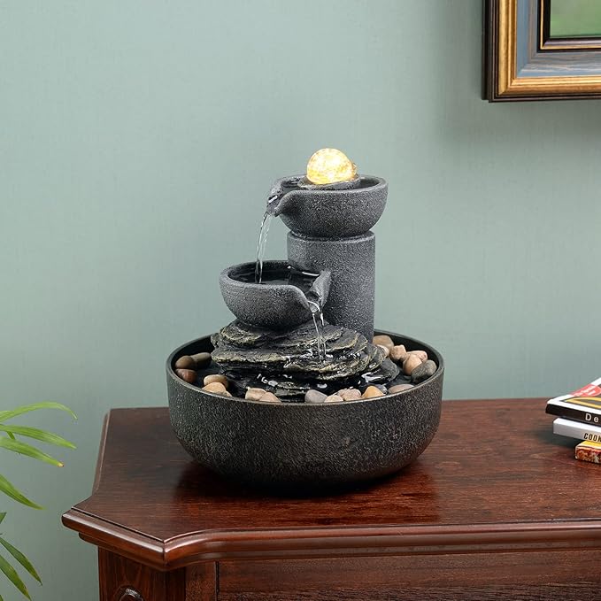 GOSSI Tabletop Fountain Indoor Fountain 2-Tiered Water Meditation Decorative Waterfall w/LED/Cobblestone/Glass Rolling Ball Soothing Sounds for Office and Home