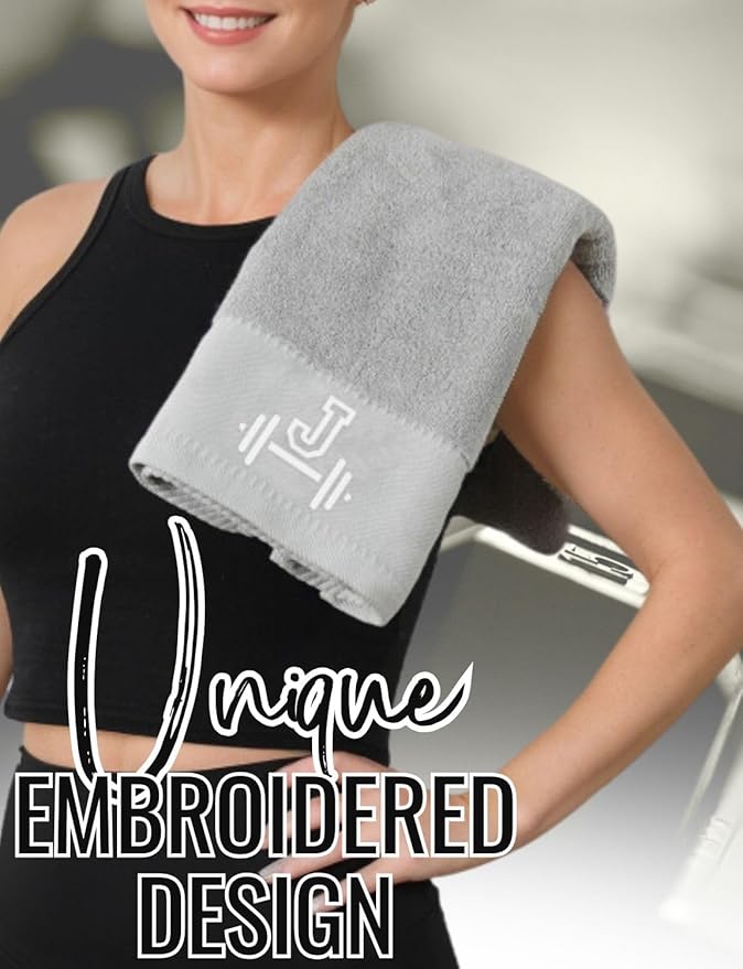 Gym Towel, Personalized Workout Gifts for Men, Women, Sports Lover, Exercise Fitness Gift for Gym Enthusiast on Birthday, Christmas, Soft and Absorbent Towel, Gray, Initial R