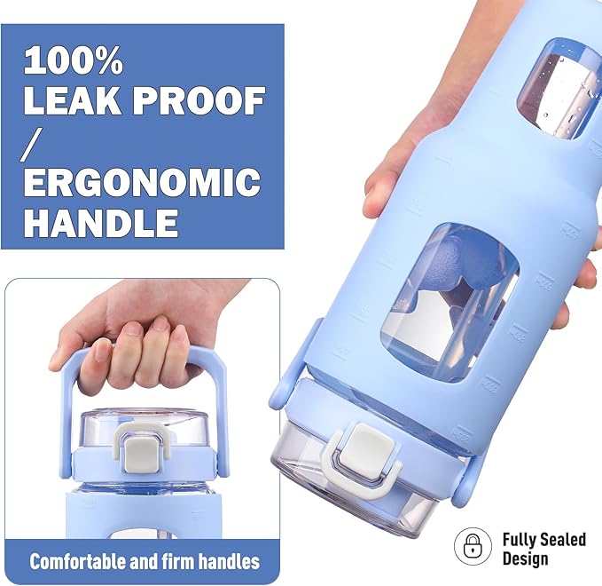 BLUEGO 40oz Glass Tumbler with Lid and Straw, Glass Water Bottles with Handle, Glass Cup with Time Marker and Silicone Sleeve, Fits Most Cup Holder, Leak-proof, Blue