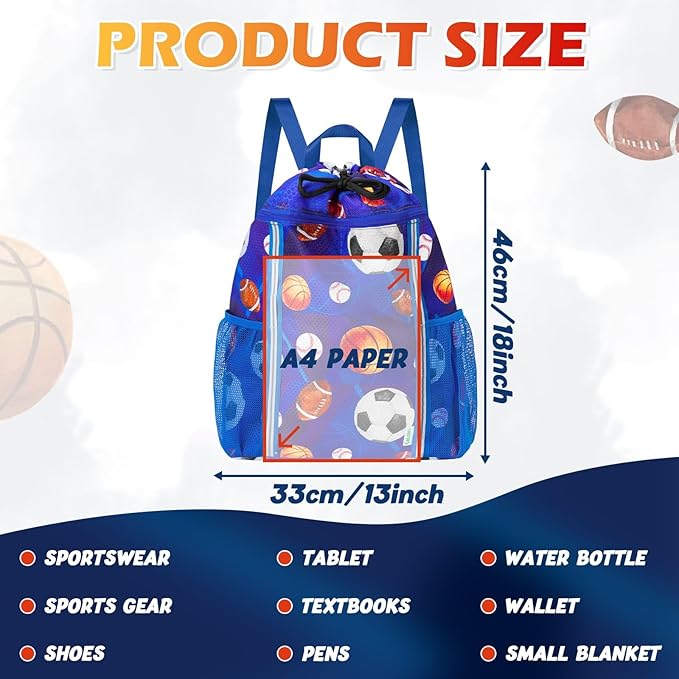WAWSAM Kids Gym Drawstring Backpack String Bag, Ball Sports Gym Bag for Kids Boys Waterproof Swimming Beach String Cinch Backpack with Two Water Bottle Pocket