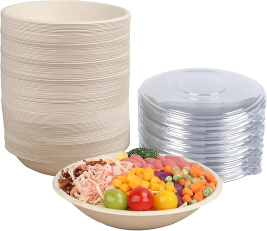 24 oz Round Disposable salad bowls with lids, Sugarcane Fiber Paper Bowls take away food containers Plant Fibers Freezer Safe 50 Pack