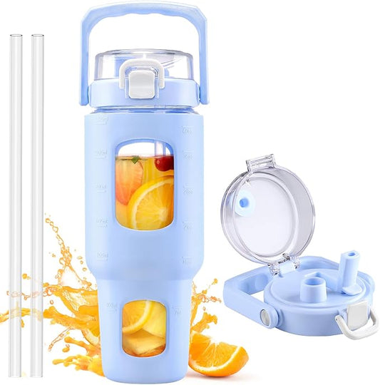 BLUEGO 40oz Glass Tumbler with Lid and Straw, Glass Water Bottles with Handle, Glass Cup with Time Marker and Silicone Sleeve, Fits Most Cup Holder, Leak-proof, Blue