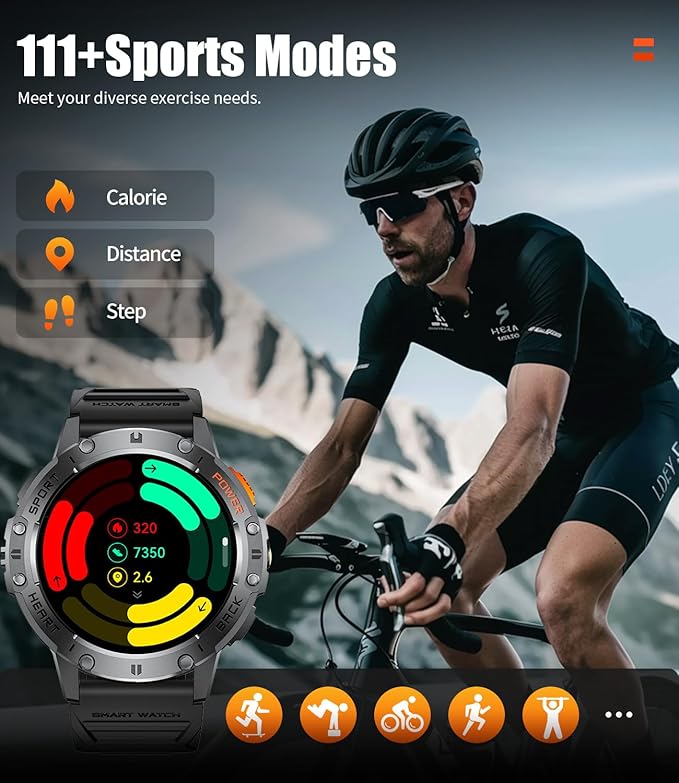 Smart Watch for Men for Android/iOS(3 Bands),1.43’’ AMOLED Display Sport Watch with 123 Sport Modes/FlashLight,5ATM Waterproof Fitness Tracker with Blood Pressure/Heart Rate/Sleep Monitor,Metal