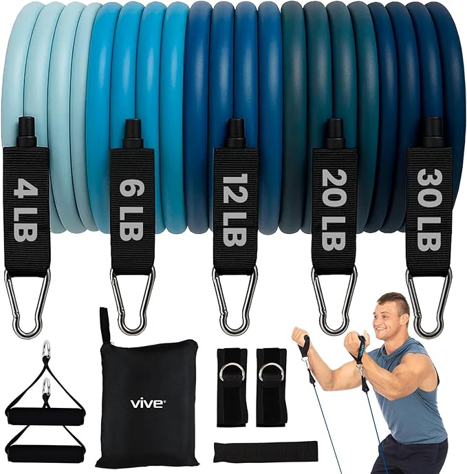 Vive Resistance Bands with Handles (11 Pcs) - Tube Rehab Band Set - Shoulder Pulley Door Anchor - 2 to 70 LBs Tension - Home Workout Elastic Fitness Equipment - Men, Women Training Therapy