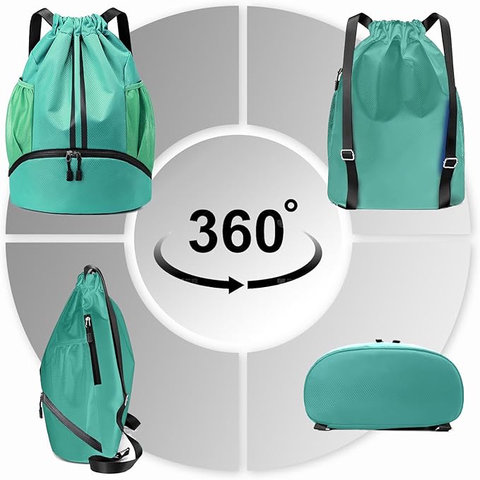 Hoedia Sports Drawstring Backpack - String Swim Gym Bag with Shoes Compartment and Wet Proof Pocket for Women/Men (Mint Green)