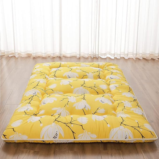 Japanese Floor Mattress, Futon Mattress with Portable Storage Bag and Washable Cover, Roll Up Thick Tatami Mat Suitable for Camping, Guest Room, Yellow Flower, Twin