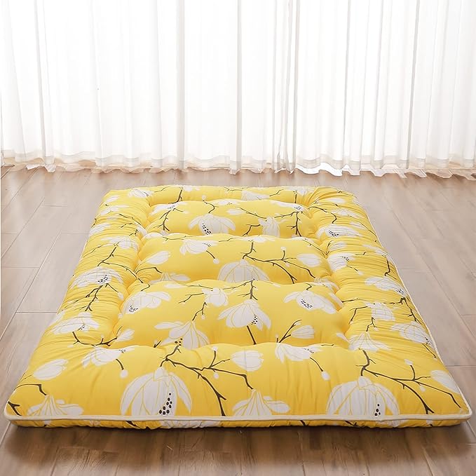Japanese Floor Mattress, Futon Mattress with Portable Storage Bag and Washable Cover, Roll Up Thick Tatami Mat Suitable for Camping, Guest Room, Yellow Flower, Full