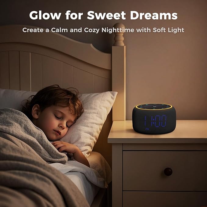 White Noise Machine Alarm Clock: Auto-Dimmable Clock for Bedrooms - 5W Stereo Bluetooth Speaker - Sound Machine with 24 Sleep Sounds for Adults Kids