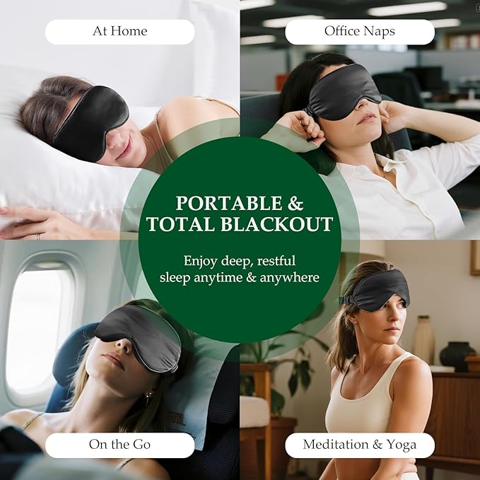 100% Mulberry Silk Sleep Mask for Unisex, 22 Momme 3D Silk Contoured Eye Mask, Breathable Light Blocking Blindfold with Adjustable Strap, Blackout Eye Cover for Travel, Black