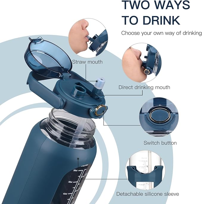 52oz Glass Water Bolttles with Straw Half Gallon Large Motivational Water Bottle