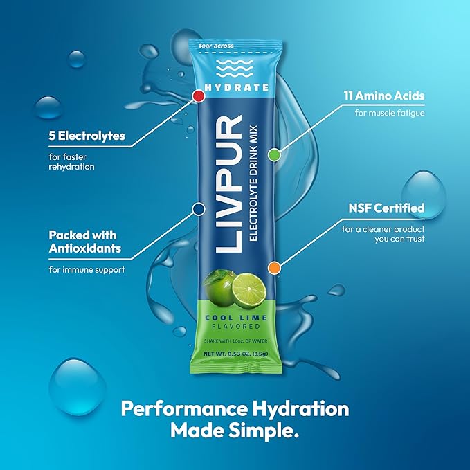 LivPur Electrolyte Drink Mix, Instant Hydration Powder with Vitamin C, B6, B12 & Essential Amino Acids for Muscle Support & Immune Health, Sports Essentials, Cool Lime Flavor, 15 Stick Packs