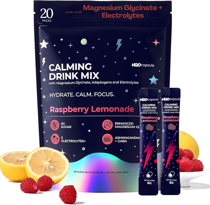 Calm Magnesium Glycinate Drink Mix with Electrolytes – Sugar Free Powder with Ashwagandha, L-Theanine, Vitamin B & GABA – Cortisol Support, Stress Relief, Hydration & Focus - 20 servings (Raspberry)