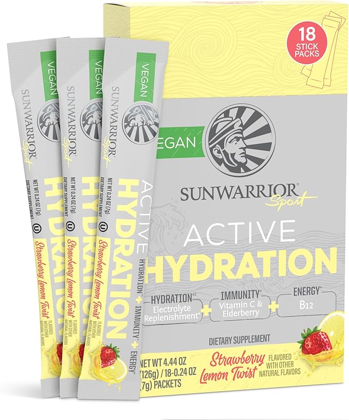 Electrolyte Powder Hydration Packets B12 Elderberry | Strawberry Lemon Twist Flavored 18 Stick Packs Box | Vegan and Plant-Based Sugar Free